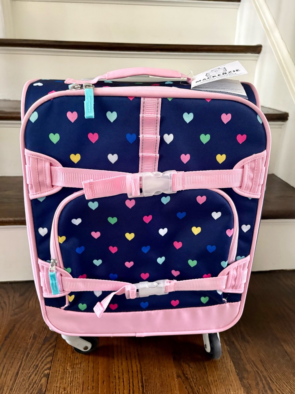 NWT - Pottery Barn Kids Mackenzie Navy Heart Spinner Luggage with Pink Trim